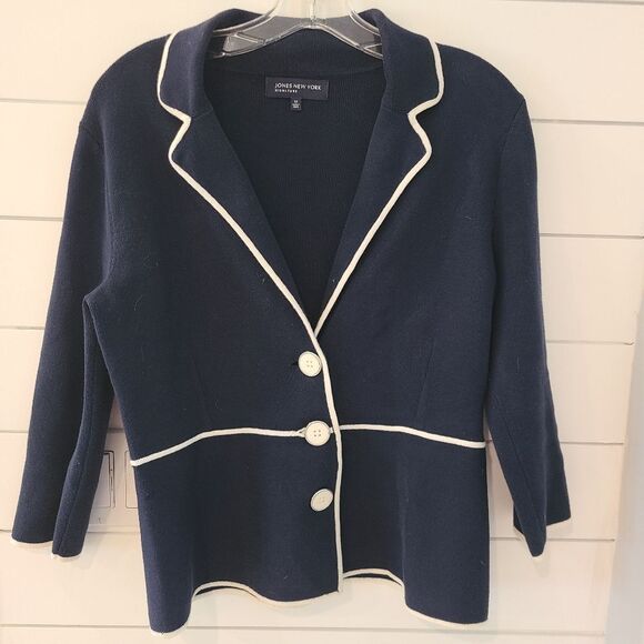 Jones Of New York Navy Sweater with White Trim - Picture 1 of 6